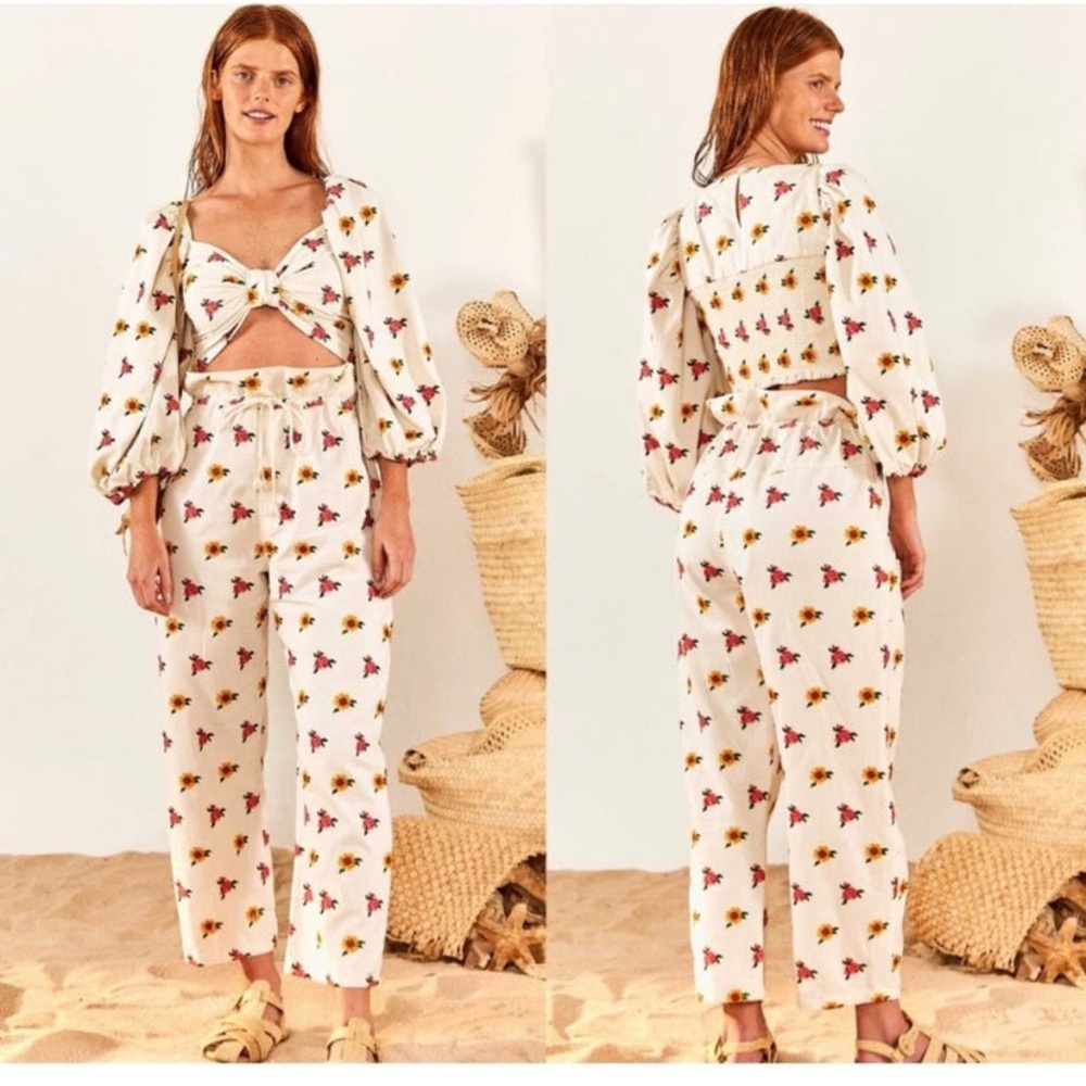 FARM Rio Mixed Cross Stitch Flowers Embroidered Pants NWT